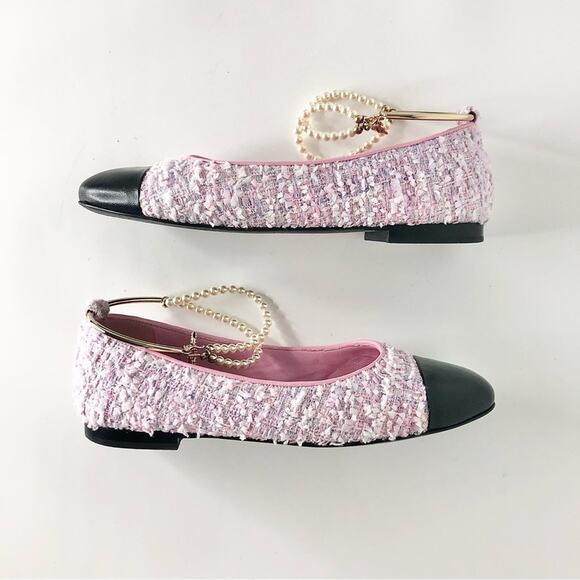 Chanel CC Logo Camellia Charm Pearl Chain Pink Tweed Cap Toe Ballerina Flats 37 - Picture 7 of 13